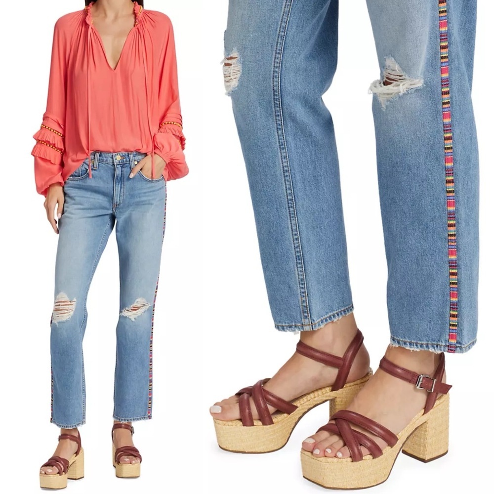 Ramy Brook Rosie Boyfriend Jeans Embroidered‎ Stripe Size 25 Boho Distress Denim - Picture 3 of 16